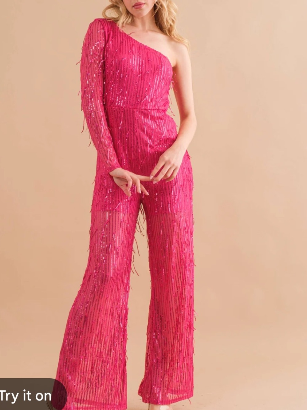 NWT Blue B One-Shoulder Sequin Fringe Jumpsuit in Fuchsia